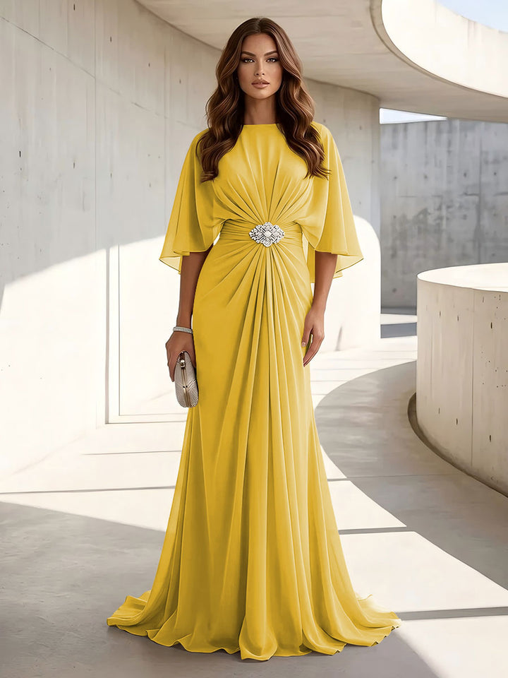 Chiffon A Line Jewel Neck Ruched High Waist Formal Dresses