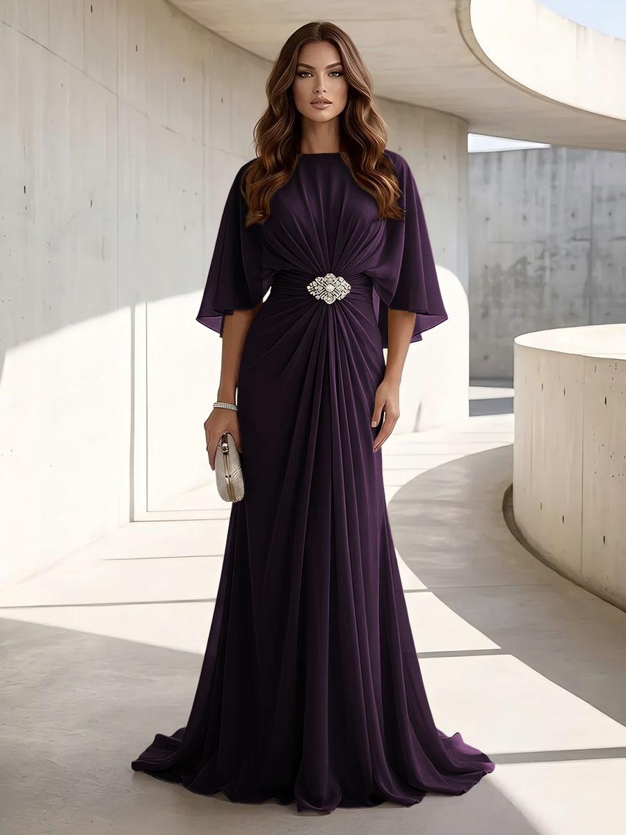 Chiffon A Line Jewel Neck Ruched High Waist Formal Dresses