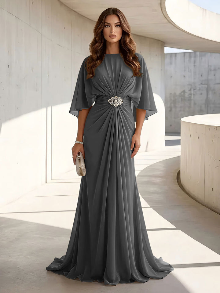 Chiffon A Line Jewel Neck Ruched High Waist Formal Dresses