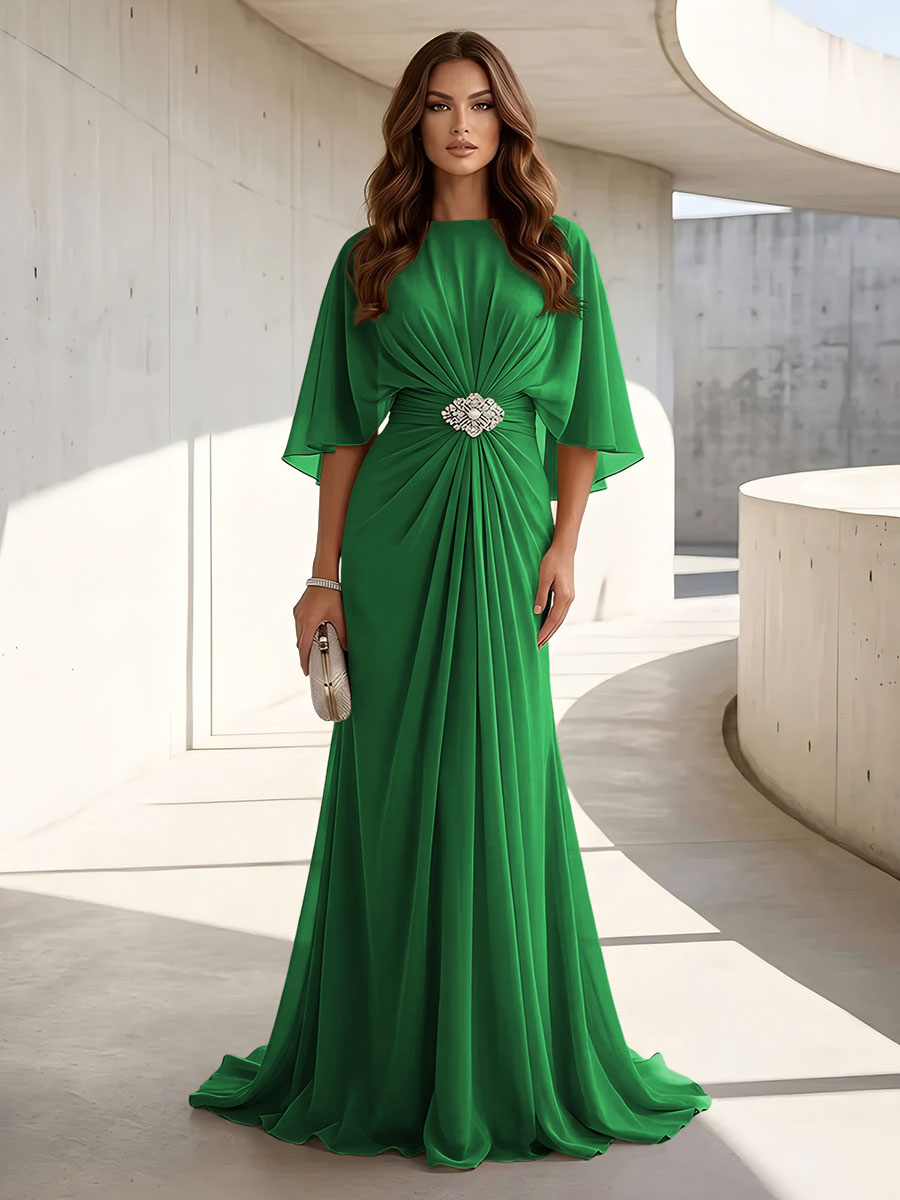 Chiffon A Line Jewel Neck Ruched High Waist Formal Dresses