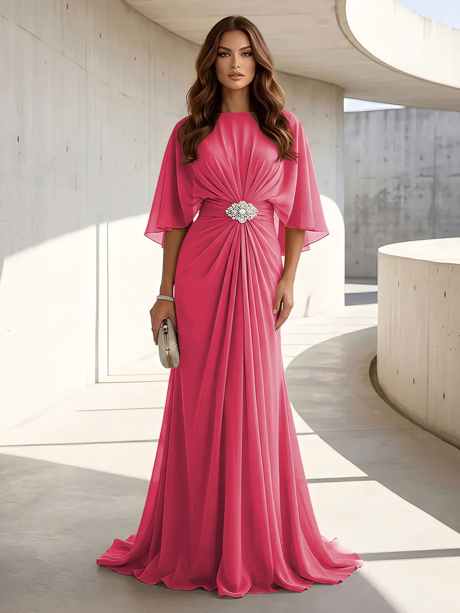 Chiffon A Line Jewel Neck Ruched High Waist Formal Dresses