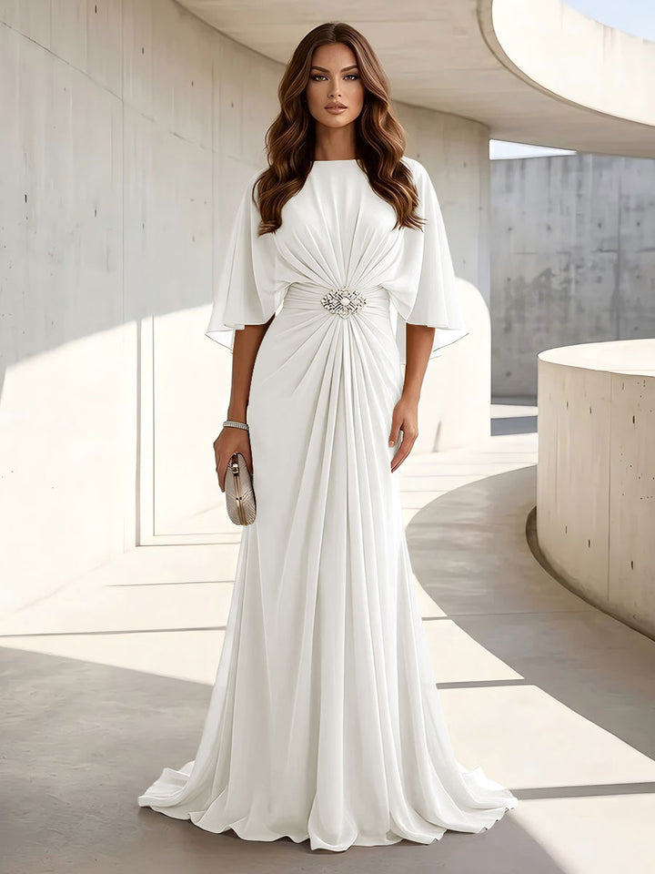 Chiffon A Line Jewel Neck Ruched High Waist Formal Dresses