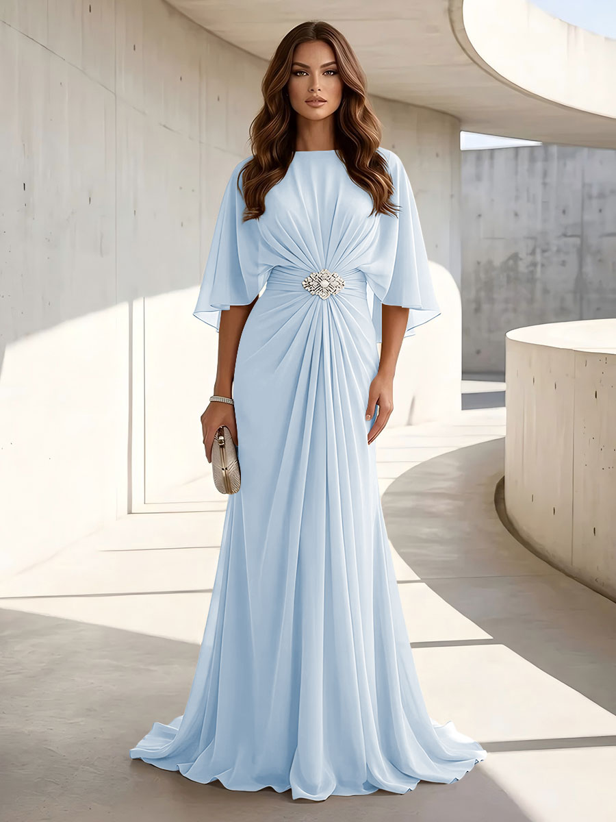 Chiffon A Line Jewel Neck Ruched High Waist Formal Dresses
