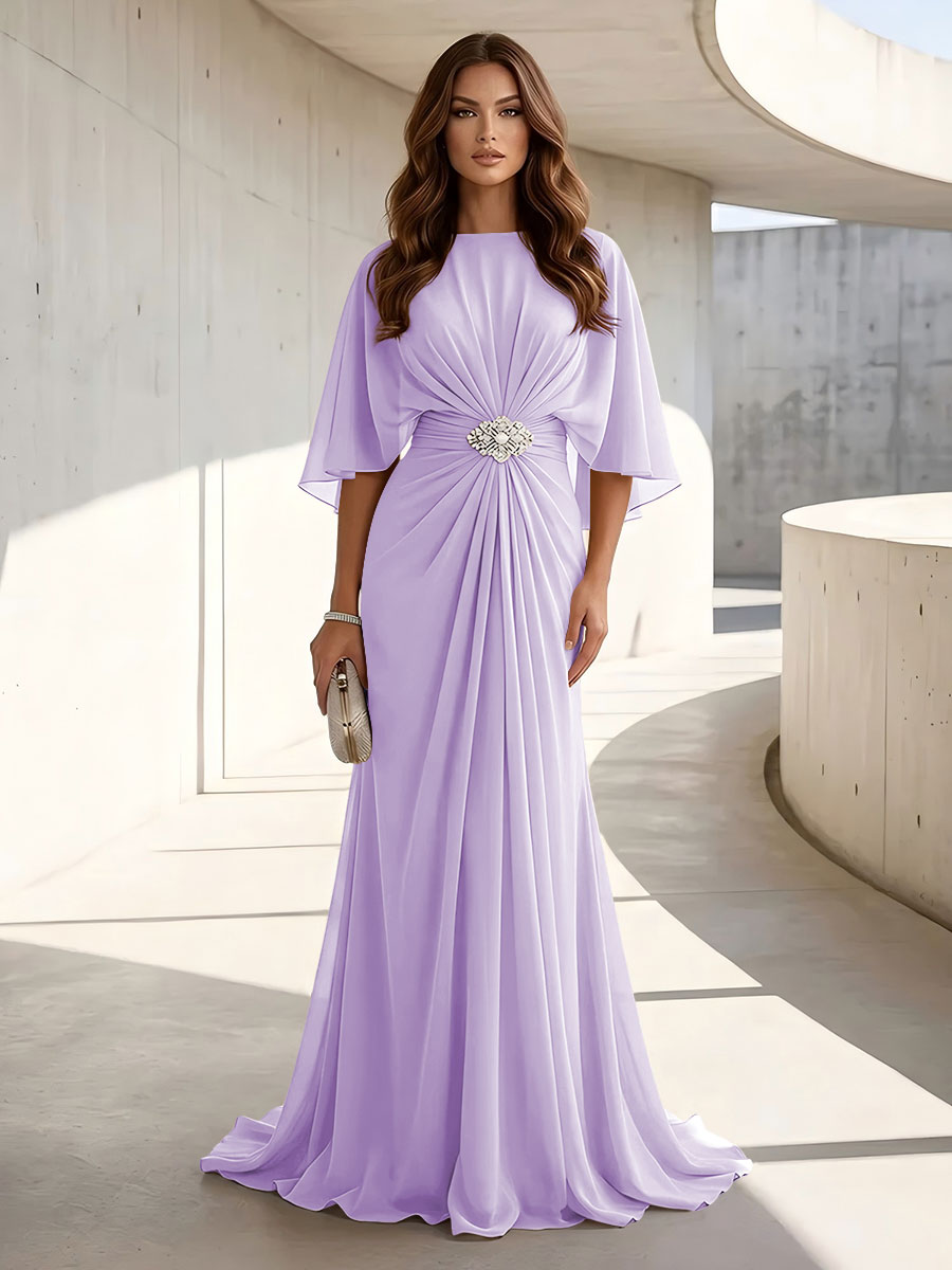 Chiffon A Line Jewel Neck Ruched High Waist Formal Dresses
