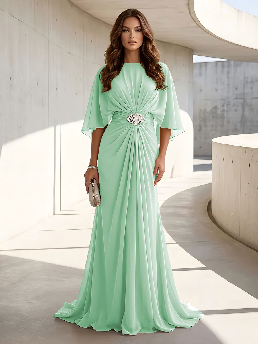 Chiffon A Line Jewel Neck Ruched High Waist Formal Dresses