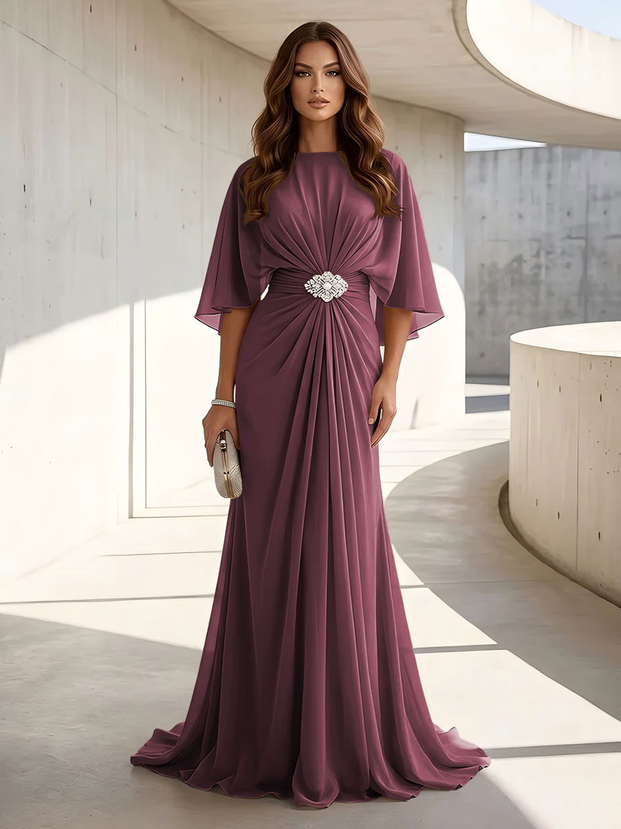 Chiffon A Line Jewel Neck Ruched High Waist Formal Dresses