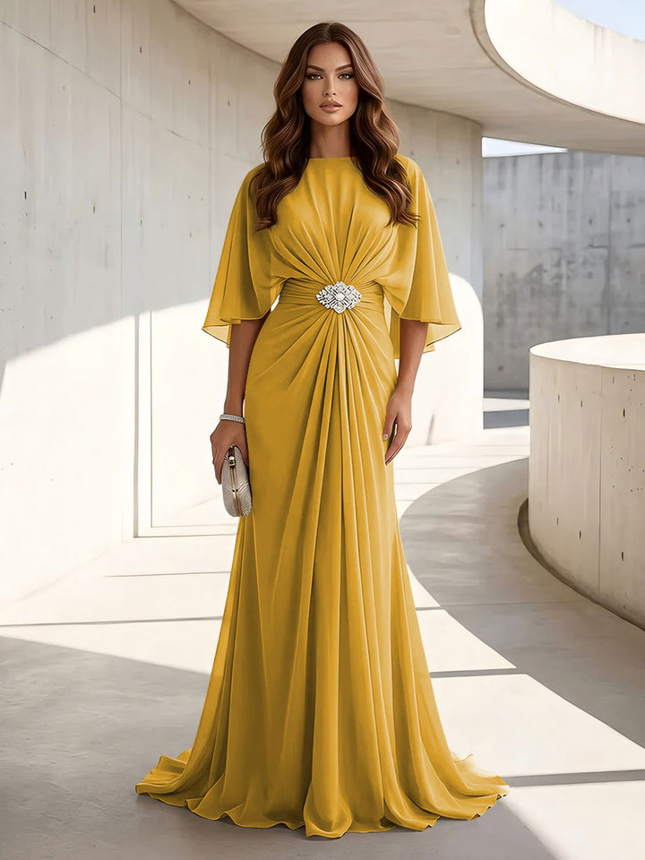 Chiffon A Line Jewel Neck Ruched High Waist Formal Dresses