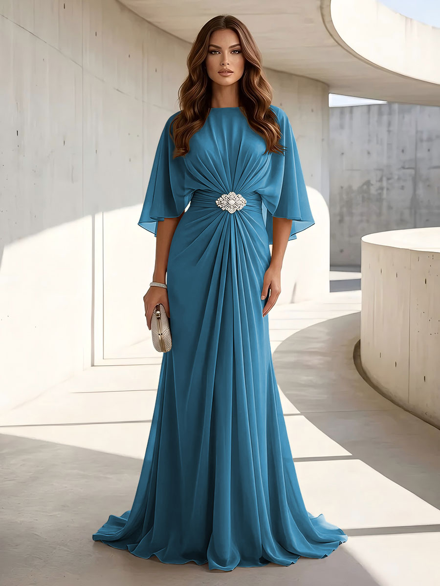 Chiffon A Line Jewel Neck Ruched High Waist Formal Dresses