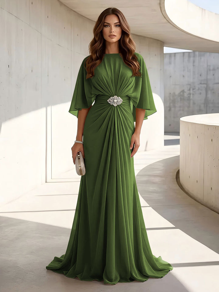 Chiffon A Line Jewel Neck Ruched High Waist Formal Dresses