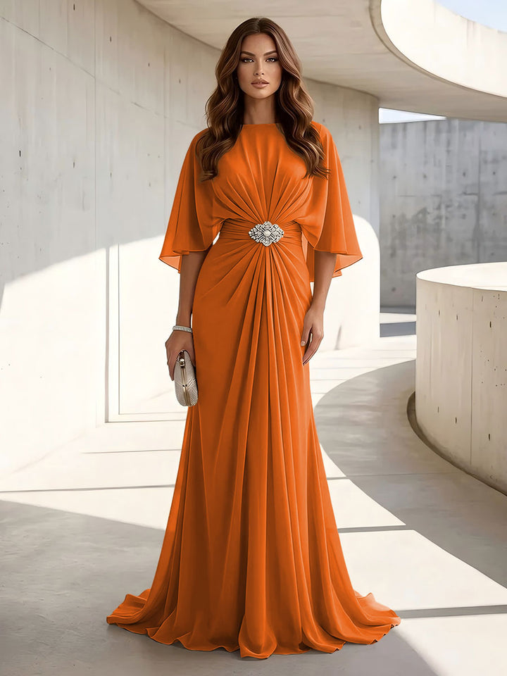 Chiffon A Line Jewel Neck Ruched High Waist Formal Dresses