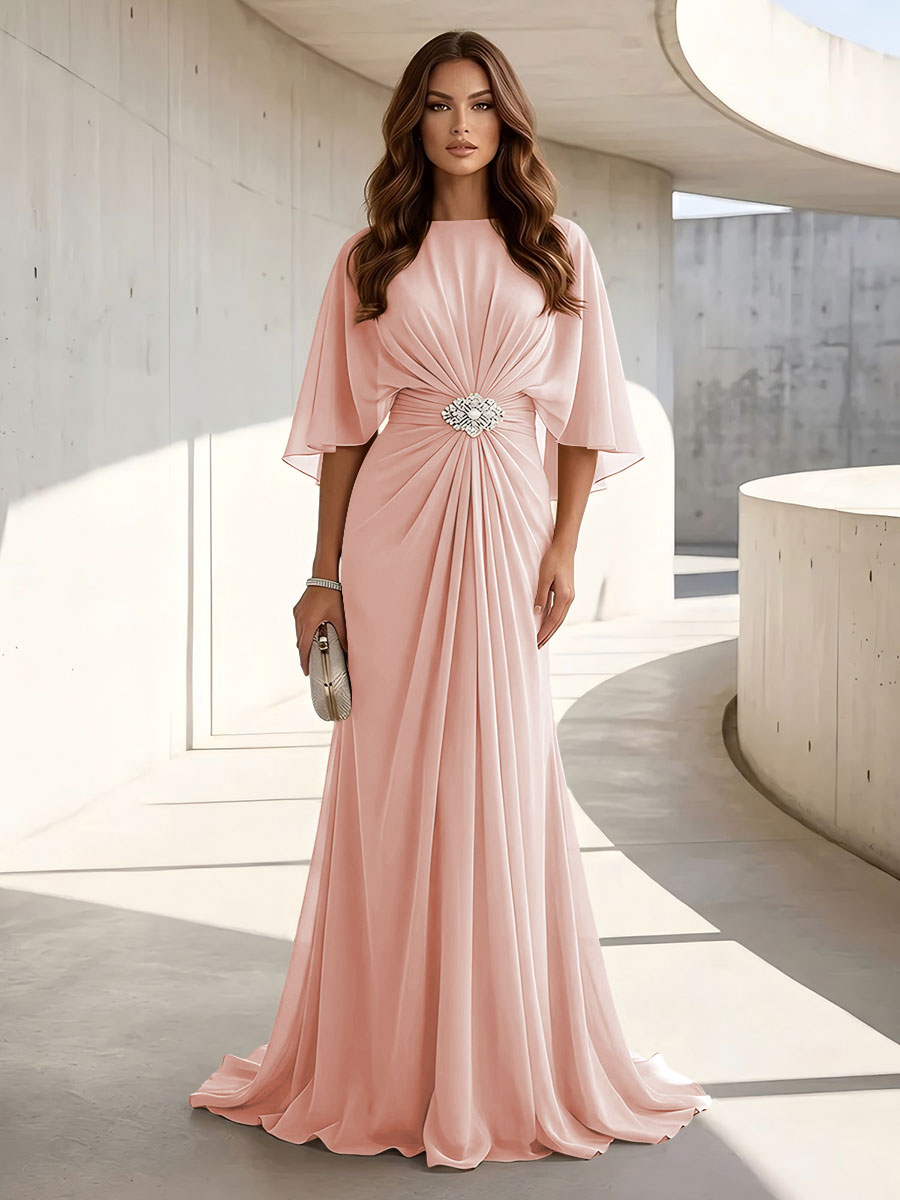 Chiffon A Line Jewel Neck Ruched High Waist Formal Dresses