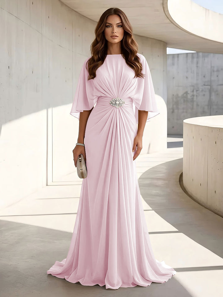 Chiffon A Line Jewel Neck Ruched High Waist Formal Dresses