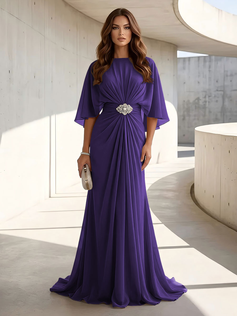 Chiffon A Line Jewel Neck Ruched High Waist Formal Dresses