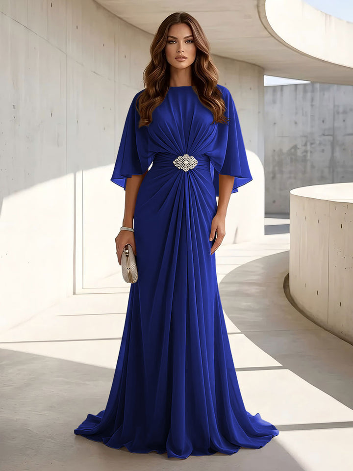 Chiffon A Line Jewel Neck Ruched High Waist Formal Dresses