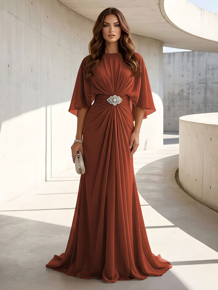 Chiffon A Line Jewel Neck Ruched High Waist Formal Dresses