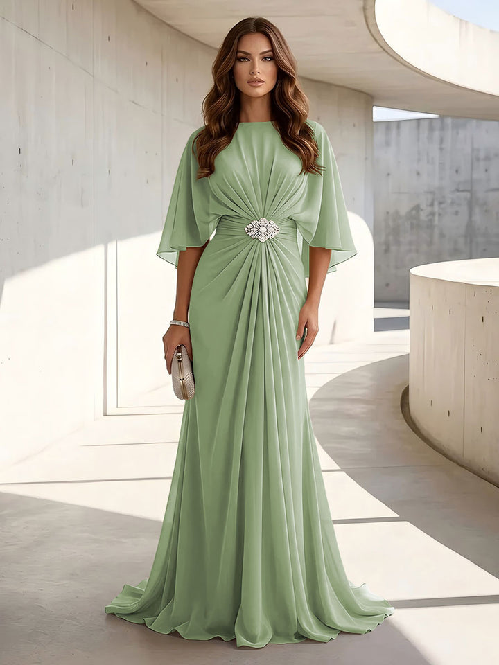 Chiffon A Line Jewel Neck Ruched High Waist Formal Dresses