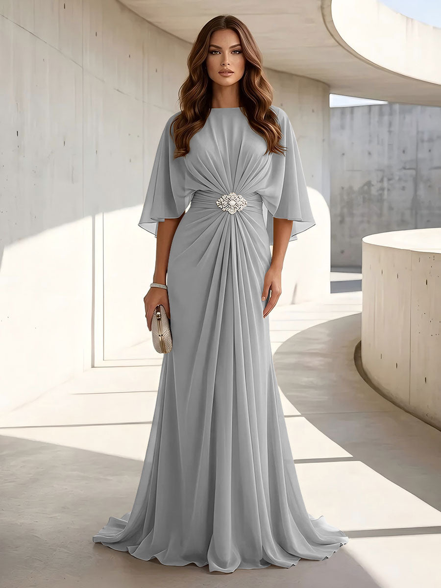 Chiffon A Line Jewel Neck Ruched High Waist Formal Dresses