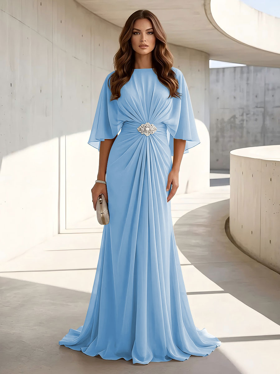 Chiffon A Line Jewel Neck Ruched High Waist Formal Dresses