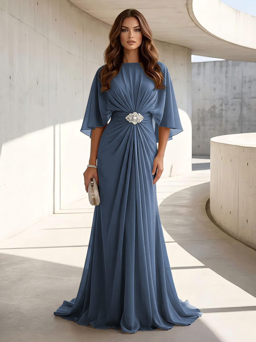 Chiffon A Line Jewel Neck Ruched High Waist Formal Dresses