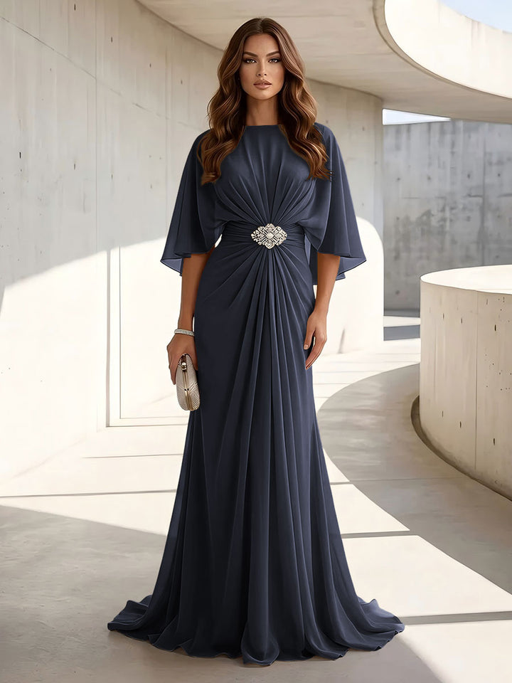 Chiffon A Line Jewel Neck Ruched High Waist Formal Dresses