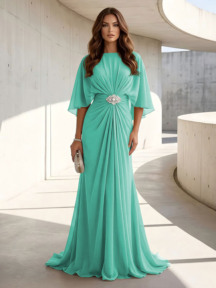 Chiffon A Line Jewel Neck Ruched High Waist Formal Dresses