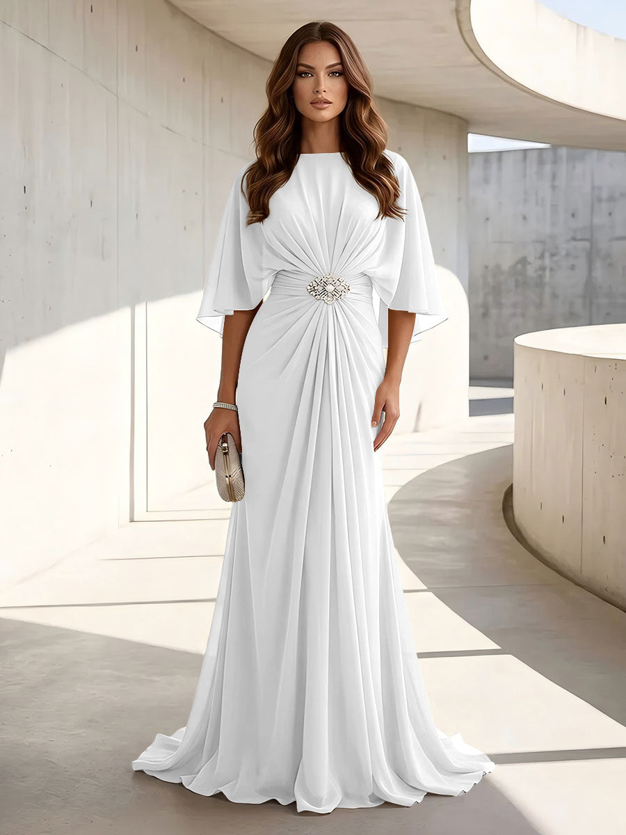 Chiffon A Line Jewel Neck Ruched High Waist Formal Dresses