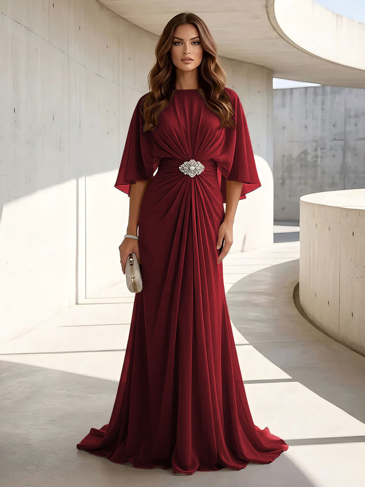Chiffon A Line Jewel Neck Ruched High Waist Formal Dresses
