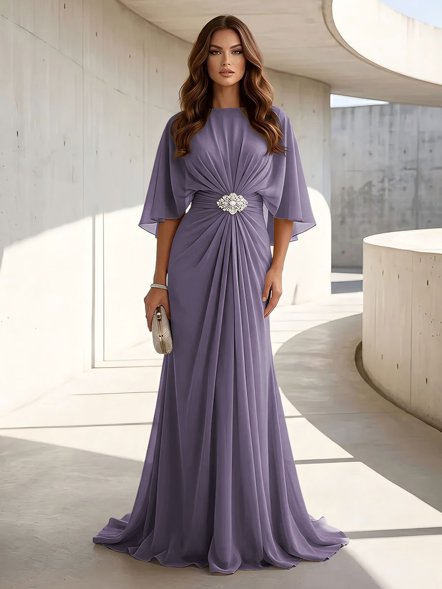 Chiffon A Line Jewel Neck Ruched High Waist Formal Dresses