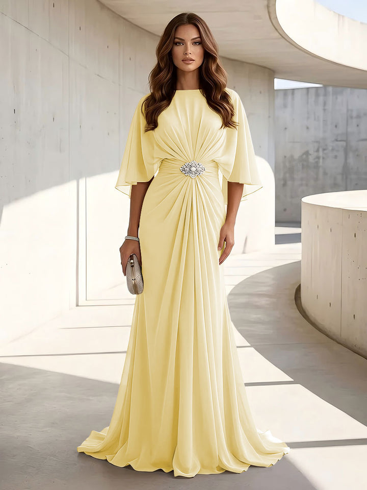 Chiffon A Line Jewel Neck Ruched High Waist Formal Dresses