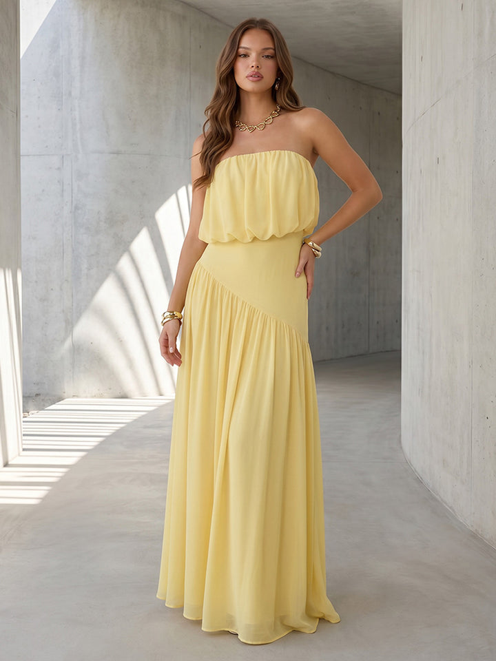 Chiffon A Line Strapless Asymmetrical  Pleats Formal Dresses
