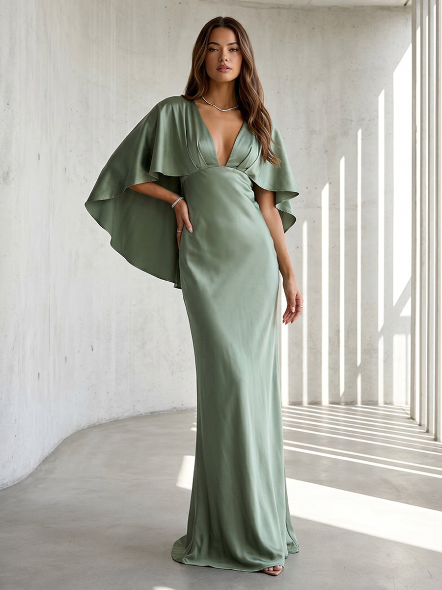 Satin Sheath V Neck Ruffles Ruched High Waist with Cape Formal Dresses