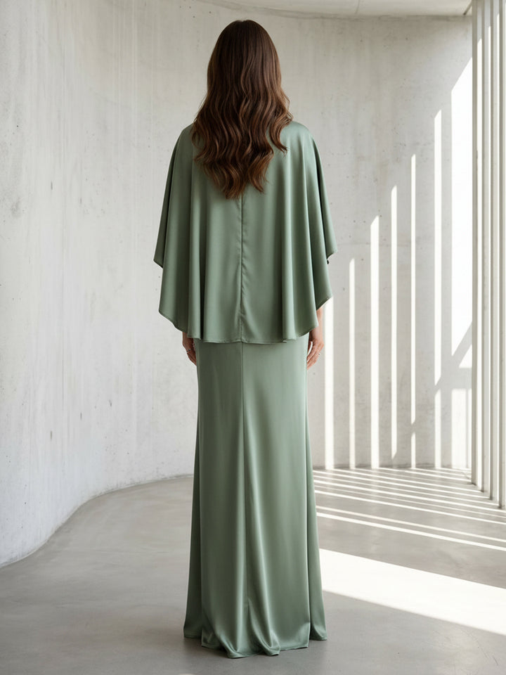 Satin Sheath V Neck Ruffles Ruched High Waist with Cape Formal Dresses