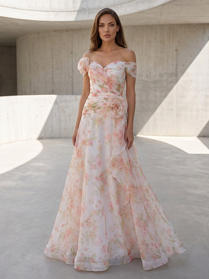 Tulle A Line Off the Shoulder Ruffles 3D Flowers Formal Dresses