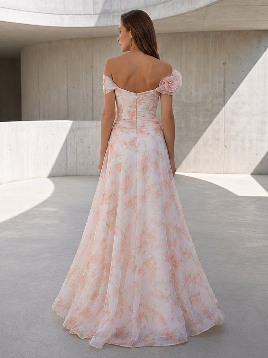 Tulle A Line Off the Shoulder Ruffles 3D Flowers Formal Dresses