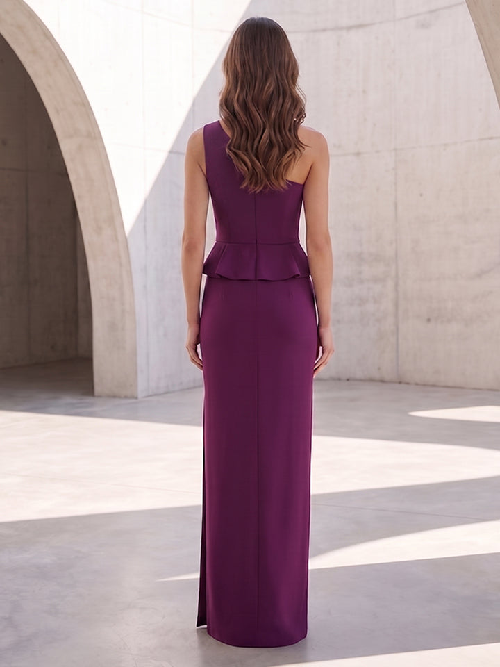 Satin Sheath One Shoulder Peplum Bodice Formal Dresses with Slit