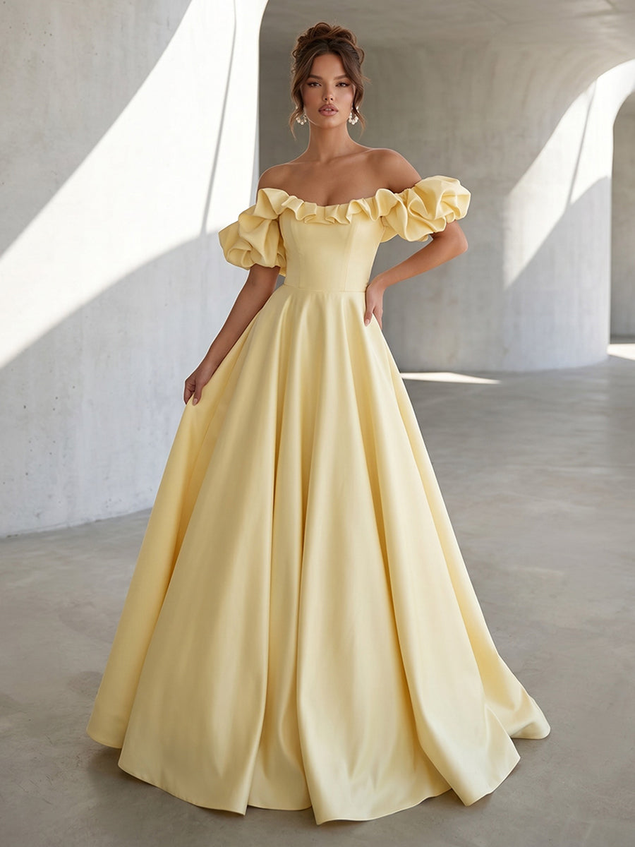 Satin A Line Off the Shoulder Ruffles Puff sleeves Formal Dresses