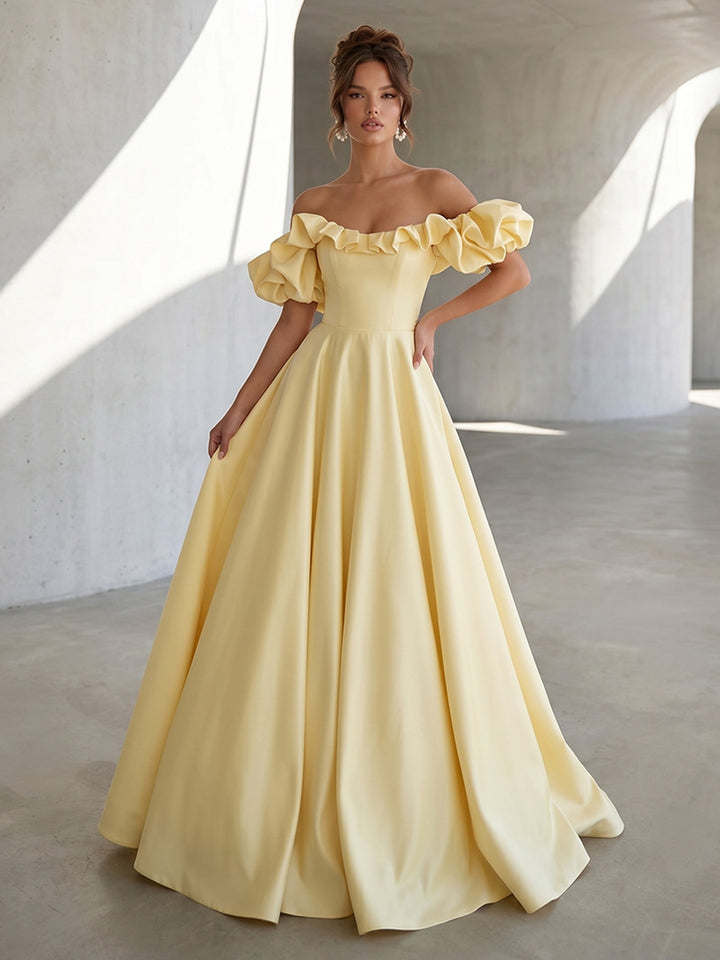 Satin A Line Off the Shoulder Ruffles Puff sleeves Formal Dresses