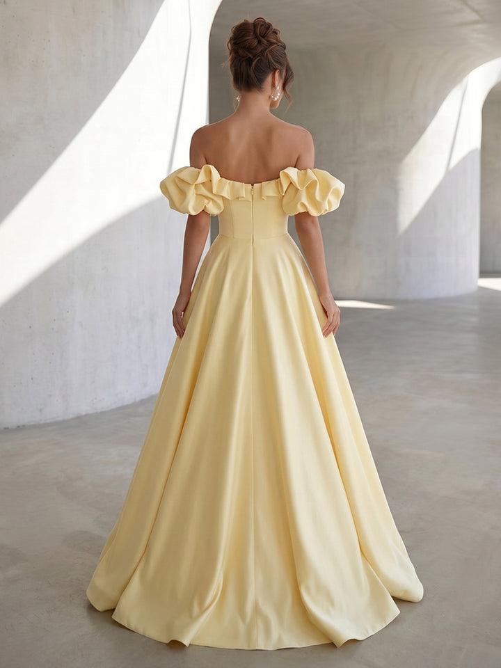 Satin A Line Off the Shoulder Ruffles Puff sleeves Formal Dresses