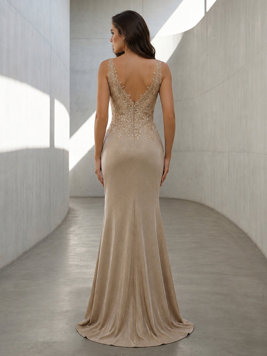 Metallic Satin Mermaid V Neck Lace Appliques Formal Dresses with Slit