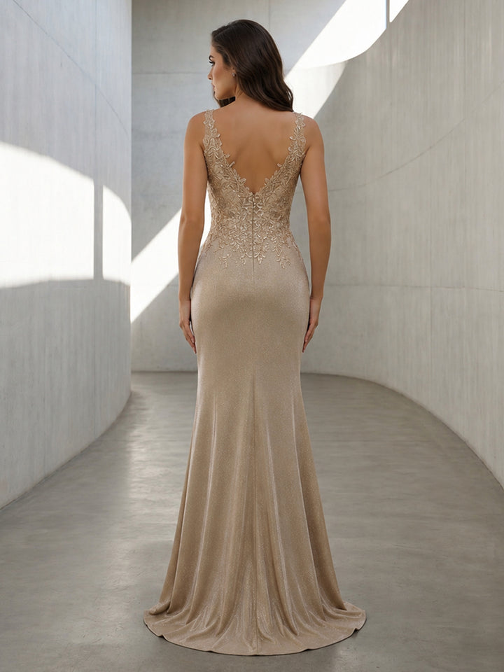 Metallic Satin Mermaid V Neck Lace Appliques Formal Dresses with Slit