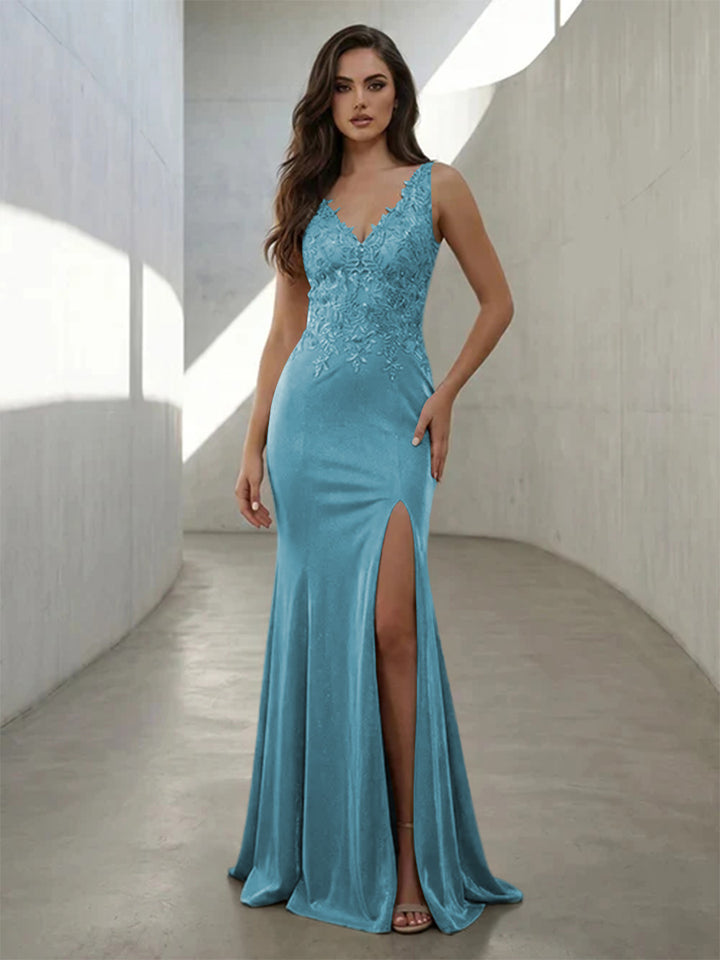 Metallic Satin Mermaid V Neck Lace Appliques Formal Dresses with Slit