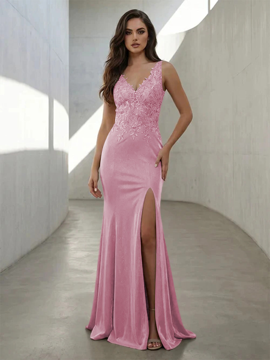 Metallic Satin Mermaid V Neck Lace Appliques Formal Dresses with Slit