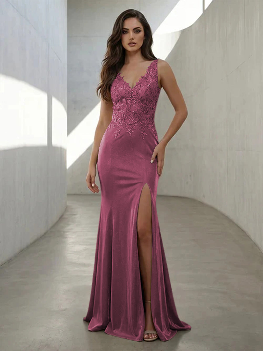 Metallic Satin Mermaid V Neck Lace Appliques Formal Dresses with Slit