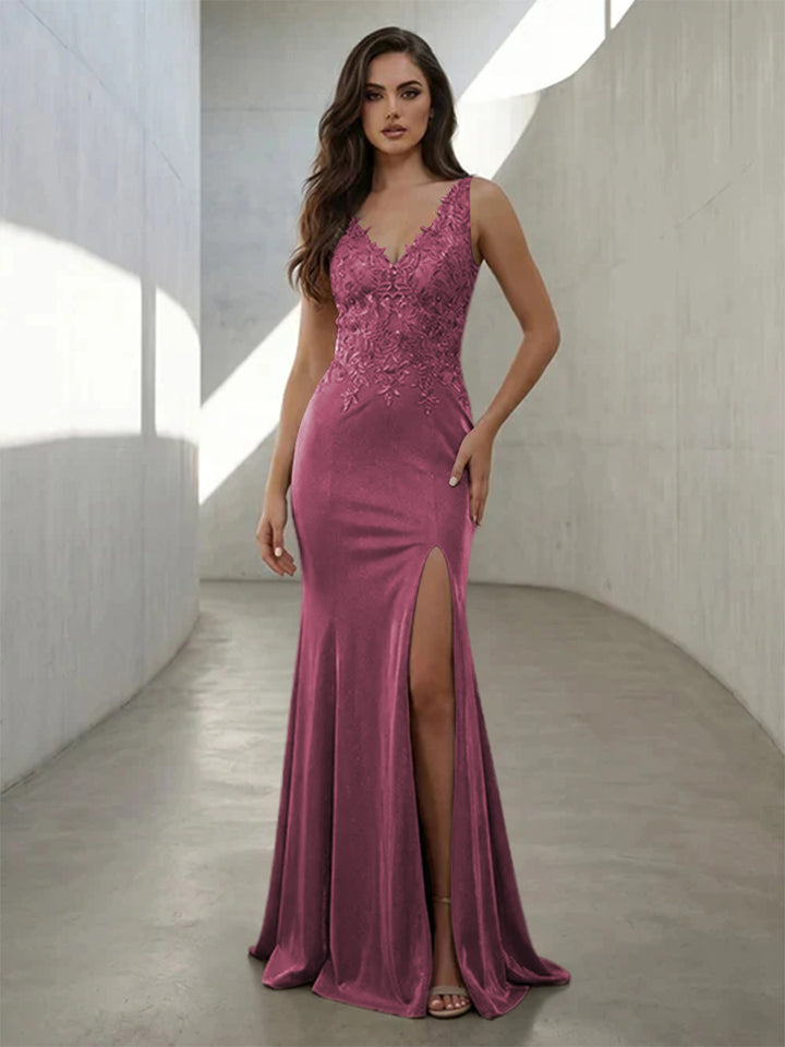 Metallic Satin Mermaid V Neck Lace Appliques Formal Dresses with Slit