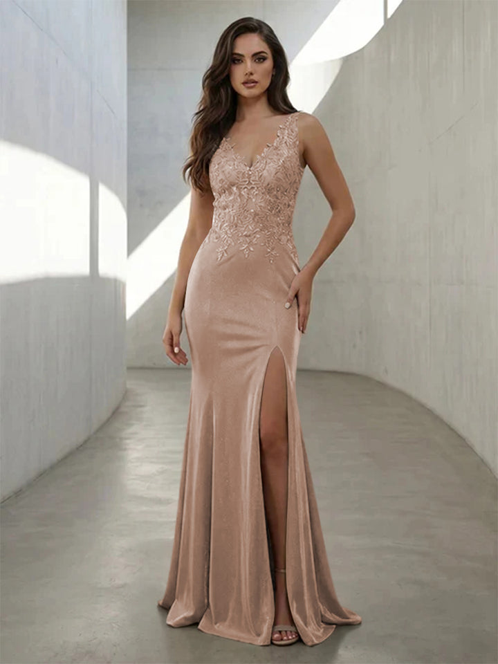 Metallic Satin Mermaid V Neck Lace Appliques Formal Dresses with Slit