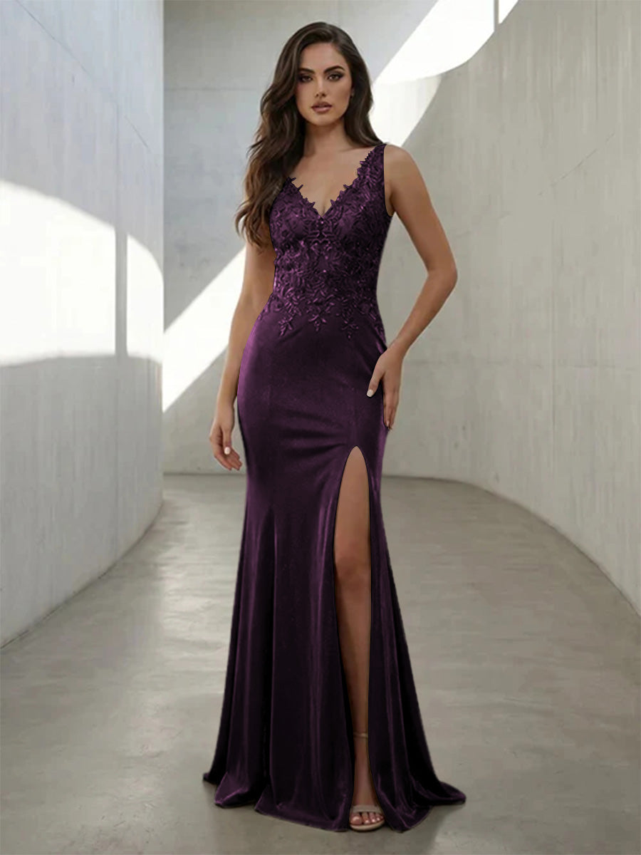 Metallic Satin Mermaid V Neck Lace Appliques Formal Dresses with Slit