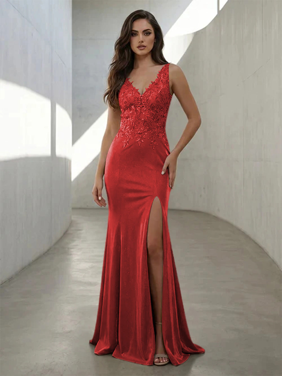 Metallic Satin Mermaid V Neck Lace Appliques Formal Dresses with Slit