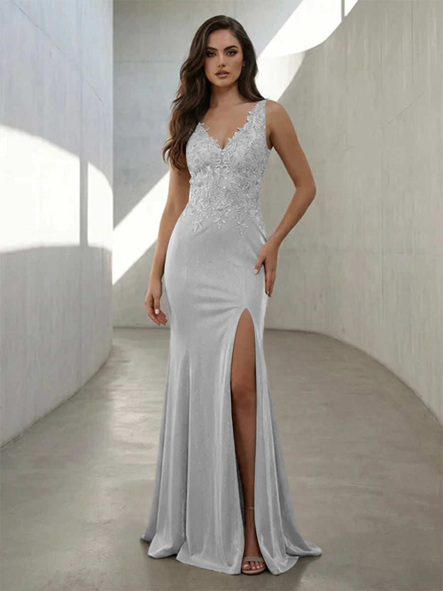 Metallic Satin Mermaid V Neck Lace Appliques Formal Dresses with Slit