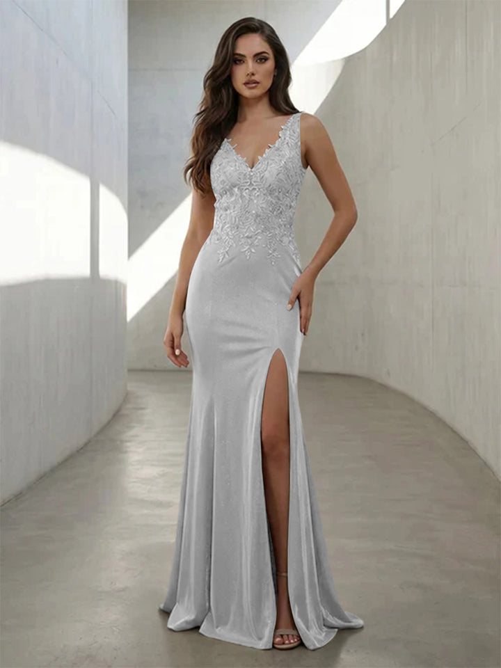 Metallic Satin Mermaid V Neck Lace Appliques Formal Dresses with Slit
