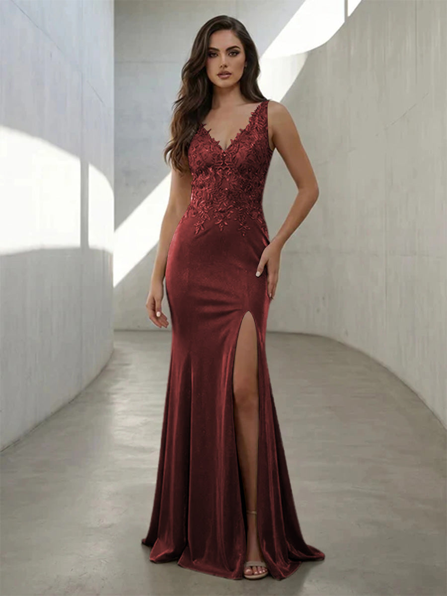 Metallic Satin Mermaid V Neck Lace Appliques Formal Dresses with Slit